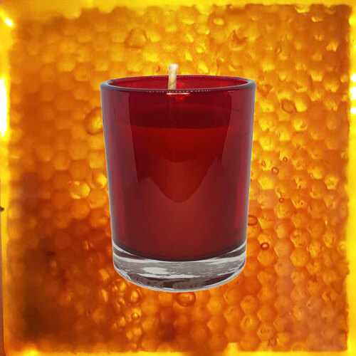 Unscented Hand- Poured Beeswax Candle in red glass holder