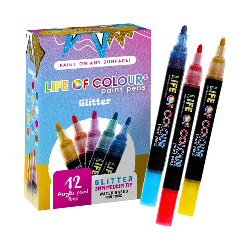 Glitter Acrylic Paint Pens - Pack of 12