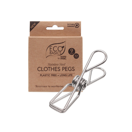 Stainless Steel Clothes Pegs 9 Pack - White Magic Eco Basics 